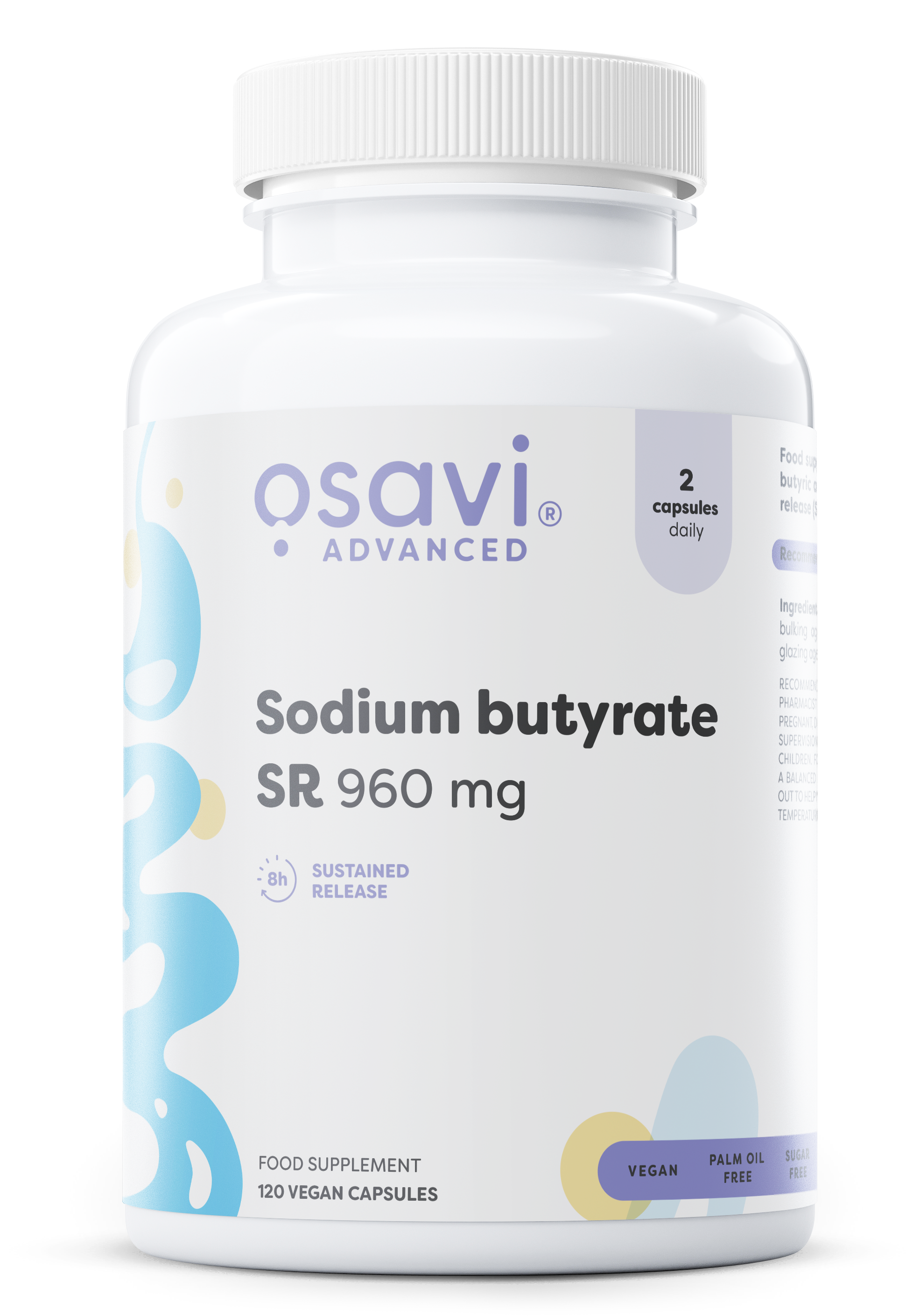 Osavi Sodium Butyrate SR 960 mg supplement bottle on a white background